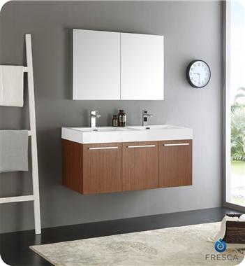 Fresca Vista 48" Teak Wall Hung Double Sink Modern Bathroom Vanity w/ Medicine Cabinet