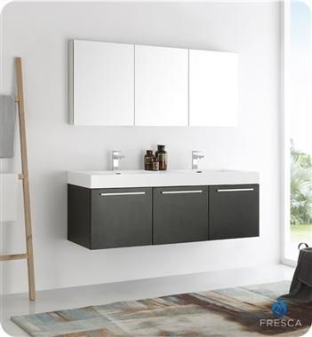Fresca Vista 60" Black Wall Hung Double Sink Modern Bathroom Vanity w/ Medicine Cabinet