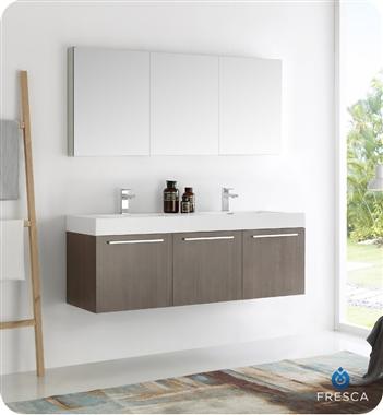 Fresca Vista 60" Gray Oak Wall Hung Double Sink Modern Bathroom Vanity w/ Medicine Cabinet