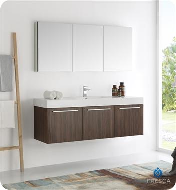 Fresca Vista 60" Walnut Wall Hung Single Sink Modern Bathroom Vanity w/ Medicine Cabinet