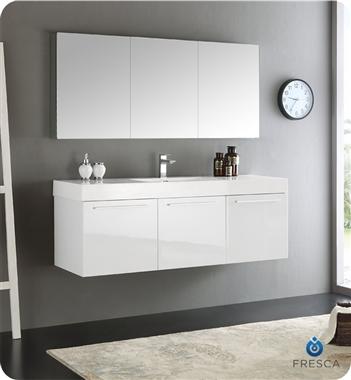 Fresca Vista 60" White Wall Hung Single Sink Modern Bathroom Vanity w/ Medicine Cabinet