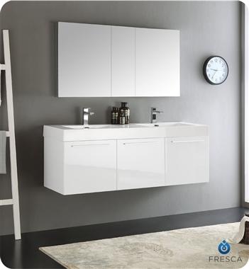 Fresca Vista 60" White Wall Hung Double Sink Modern Bathroom Vanity w/ Medicine Cabinet