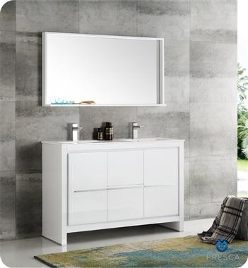 Fresca Allier 48" White Modern Double Sink Bathroom Vanity w/ Mirror