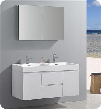 Fresca Valencia 48" Glossy White Wall Hung Double Sink Modern Bathroom Vanity w/ Medicine Cabinet