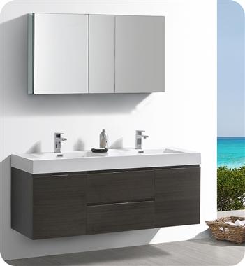 Fresca Valencia 60" Gray Oak Wall Hung Double Sink Modern Bathroom Vanity w/ Medicine Cabinet