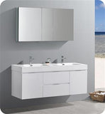 Fresca Valencia 60" Glossy White Wall Hung Double Sink Modern Bathroom Vanity w/ Medicine Cabinet