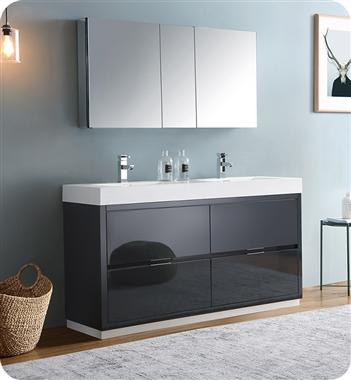 Fresca Valencia 60" Dark Slate Gray Free Standing Double Sink Modern Bathroom Vanity w/ Medicine Cabinet