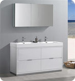 Fresca Valencia 60" Glossy White Free Standing Double Sink Modern Bathroom Vanity w/ Medicine Cabinet