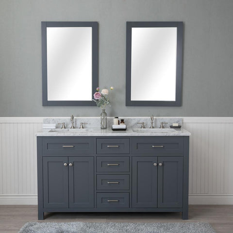 Norwalk 60 in. Double Bathroom Vanity in Gray with Carrera Marble Top and No Mirror