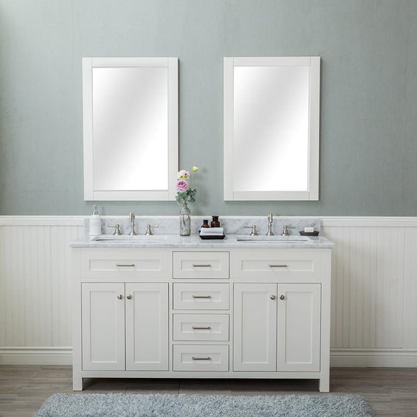 Norwalk 60 in. Double Bathroom Vanity in White with Carrera Marble Top and No Mirror