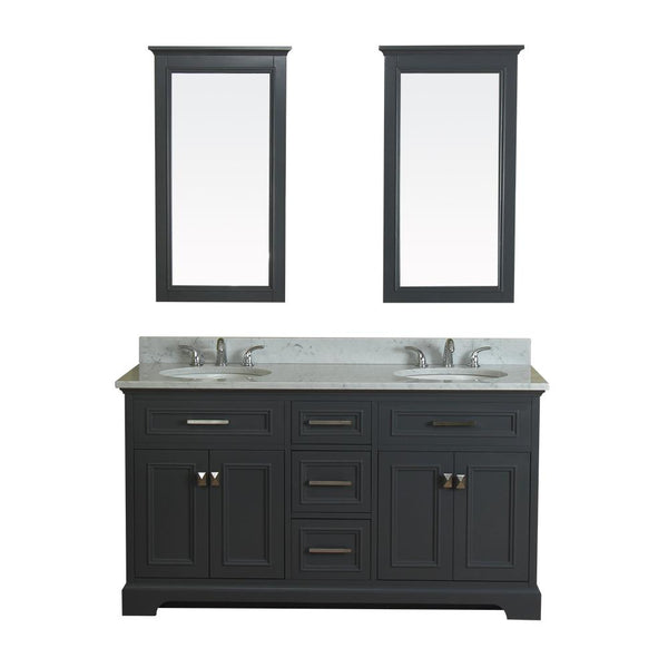 Yorkshire 61 in Double Bathroom Vanity in Gray with Carrera Marble Top and Mirror