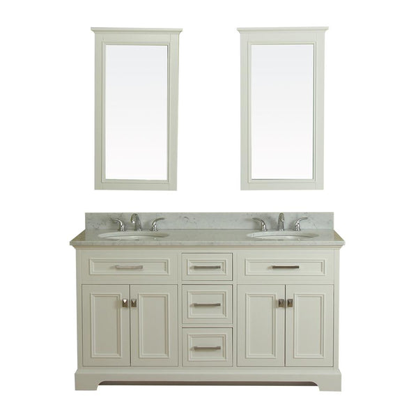 Yorkshire 61 in Double Bathroom Vanity in White with Carrera Marble Top and Mirror