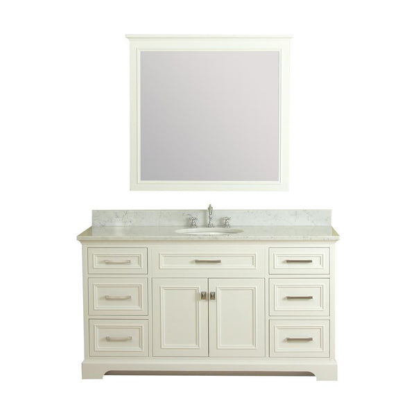 Yorkshire 61 in Single Bathroom Vanity in White with Carrera Marble Top and Mirror