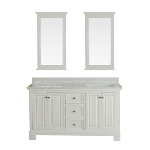 Richmond 60 in Double Bathroom Vanity in White with Carrera Marble Top and No Mirror