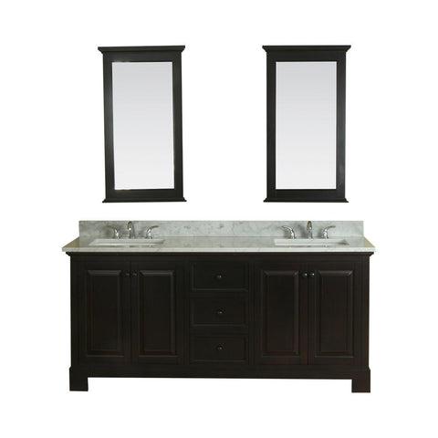Richmond 72 in Double Bathroom Vanity in Espresso with Carrera Marble Top and No Mirror