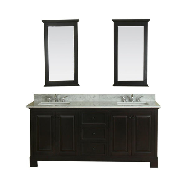 Richmond 72 in Double Bathroom Vanity in Espresso with Carrera Marble Top and Mirror