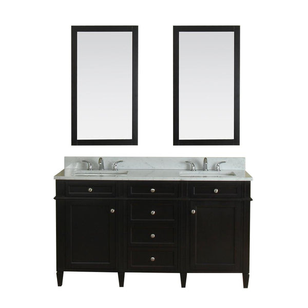 Samantha 60 in Double Bathroom Vanity in Espresso with Carrera Marble Top and No Mirror