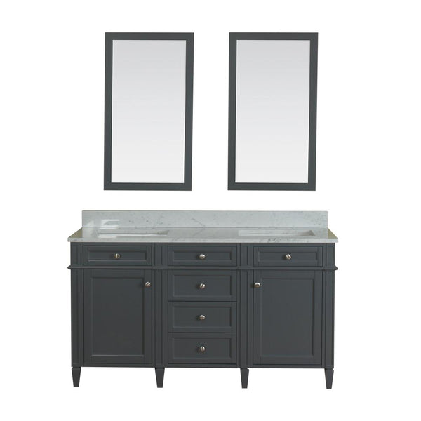 Samantha 60 in Double Bathroom Vanity in Gray with Carrera Marble Top and No Mirror