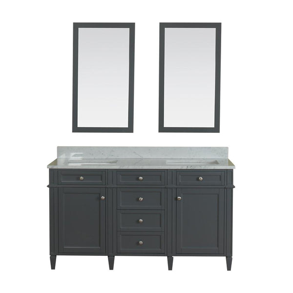 Samantha 60 in Double Bathroom Vanity in Gray with Carrera Marble Top and Mirror