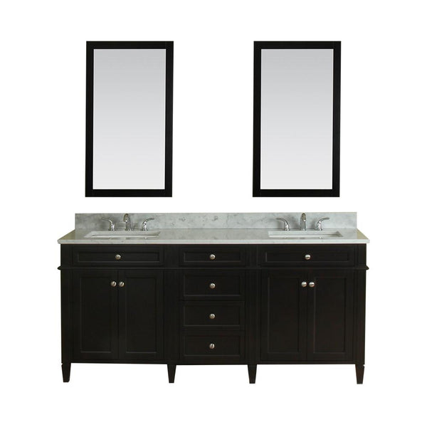 Samantha 72 in Double Bathroom Vanity in Espresso with Carrera Marble Top and Mirror