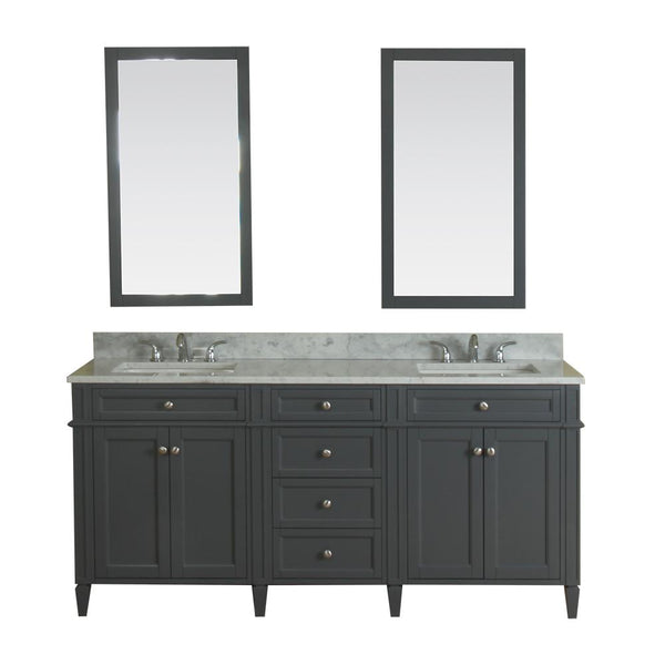 Samantha 72 in Double Bathroom Vanity in Gray with Carrera Marble Top and Mirror