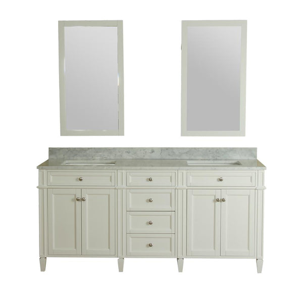 Samantha 72 in Double Bathroom Vanity in White with Carrera Marble Top and No Mirror