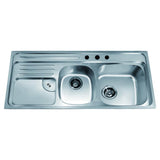 Dawn? Top Mount Double Bowl Sink with Integral Drain Board and Three Pre-cut Faucet Holes (Large Bowl on Right)